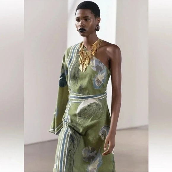 Zara Limited Edition Linen ZW Collection printed asymmetric dress - Picture 6 of 14